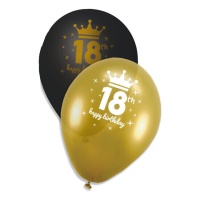 Balões de látex preto e dourado Feliz 18º aniversário com coroa 23 cm - Eurofiestas - 6 unidades