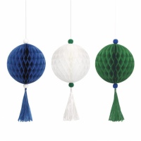 Pingente de ninho de bola azul, branco e verde 40,6 cm - 3 peças