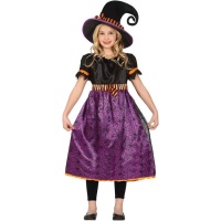 Fato de bruxa lilás com teias de aranha para menina