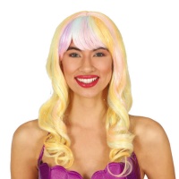 Peruca de cabelo ondulado loiro com franja multicolorida
