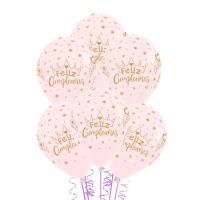 Balão de látez rosa Feliz Cumpleaños com purpurina dourada e coroa de 30 cm - Sempertex - 12 unidades