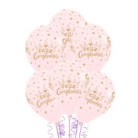 Happy Birthday balão de látex cor-de-rosa com purpurina dourada e coroa 30 cm - Sempertex - 12 unidades