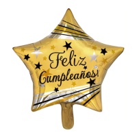 Balão Estrela Dourada e Prateada Feliz Aniversário 45 cm