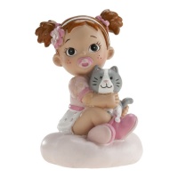 Topo de bolo de batizado de uma menina com gato - 10 x 6 cm