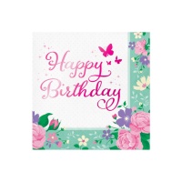 Guardanapos Flores e Borboletas com Feliz Aniversário 16,5 x 16,5 cm - 16 unidades