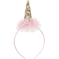 Bandolete de unicórnio com folhos cor-de-rosa e chifre