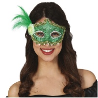 Máscara veneziana verde com penas