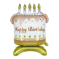 Balão Bolo Feliz Aniversário com velas e suporte 83 cm