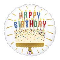 Feliz aniversário balão redondo com bolo e velas 19 x 19 cm - Grabo
