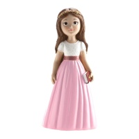 Figura para bolo de Minha Primeira Comunhão menina com saia rosa de 16 cm