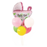 Bouquet de balões de carrinho de bebé menina com círculos verdes e rosa - 9 unidades