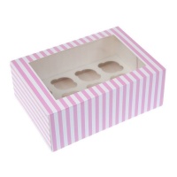 Caixa para 12 mini cupcakes às riscas rosa e branco de 22,9 x 16,5 x 9 cm - House of Marie - 2 unidades