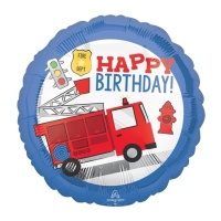 43 cm redondo Balão de Feliz Aniversário do Camião dos Bombeiros - Anagrama