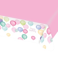 Toalha de mesa de Feliz Aniversário cor-de-rosa com balões 1,75 x 1,15 m