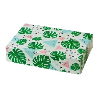 Caixa de 23,5 x 16 x 5 cm com folhagem tropical verde
