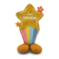 Balão estrela e arco-íris com base Happy Birthday 71 x 125 cm - Grabo