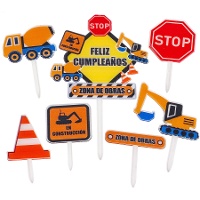 Topo para bolo de Feliz aniversário de construção - 7 unidades
