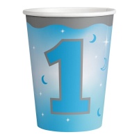 Copos de 266 ml azul bebé para o primeiro aniversário - 8 unid.