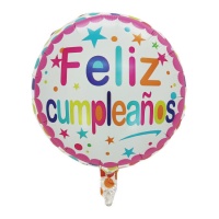 Balão Feliz Aniversário com estrelas coloridas 45 cm