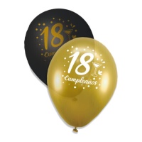 Balões de látex preto e dourado Happy 18 de 23 cm - Eurofiestas - 6 unidades