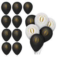 Balões de látex preto e branco com números dourados e brancos 23 cm - 6 unidades