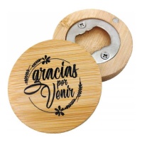 Abridor de garrafas com íman de bambu com frase de agradecimento 6 cm - 1 unidade