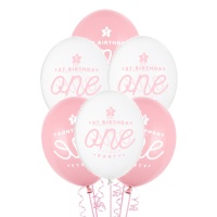 Balões de látex primeiro aniversário rosa 30 cm - Partydeco - 50 unidades