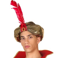 Turbante dourado com penas vermelhas
