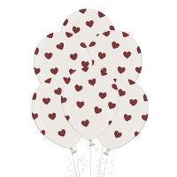 Balões brancos de látex com corações 30 cm - PartyDeco - 6 unid.