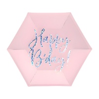Pratos hexagonais cor-de-rosa Happy Birthday 17cm - 6 unid.