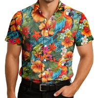 T-shirt com flores havaianas e papagaio para adultos