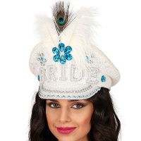 Chapéu de polícia de noiva branco com plumas e strass