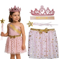 Conjunto infantil de princesa com coroa, faixa, saia e varinha