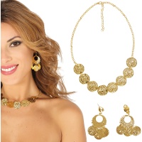 Conjunto de colar e brincos dourados ciganos