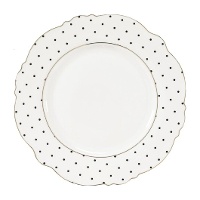 Prato de 27,5 cm branco com poás pretos e borda dourada