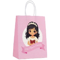 Sacola de comunhão rosa com bolinhas 21 x 15 x 8 cm