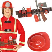 Cinto com acessórios e capacete de bombeiro para criança