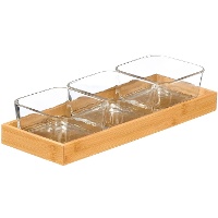Conjunto de bandeja em bambu com 3 tigelas de vidro para petiscos