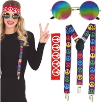 Kit de hippie com suspensórios, óculos e faixa