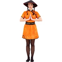 Fato chinês vermelho e amarelo para mulher