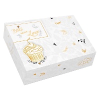 Caixa para bolachas de 18,2 x 13,5 x 5,4 cm com desenho de letras.