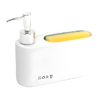Dispensador de sabão com esfregão branco e alongado