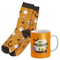 Conjunto de presente de caneca e meias Halloween cemitério